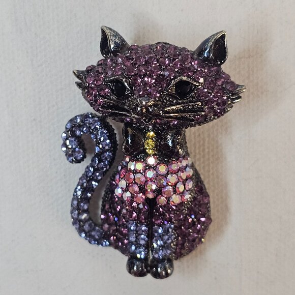 OPCKR Cat Kitten Brooch Pink Purple Rhinestone Animal Jewelry Sparkling - Picture 3 of 8